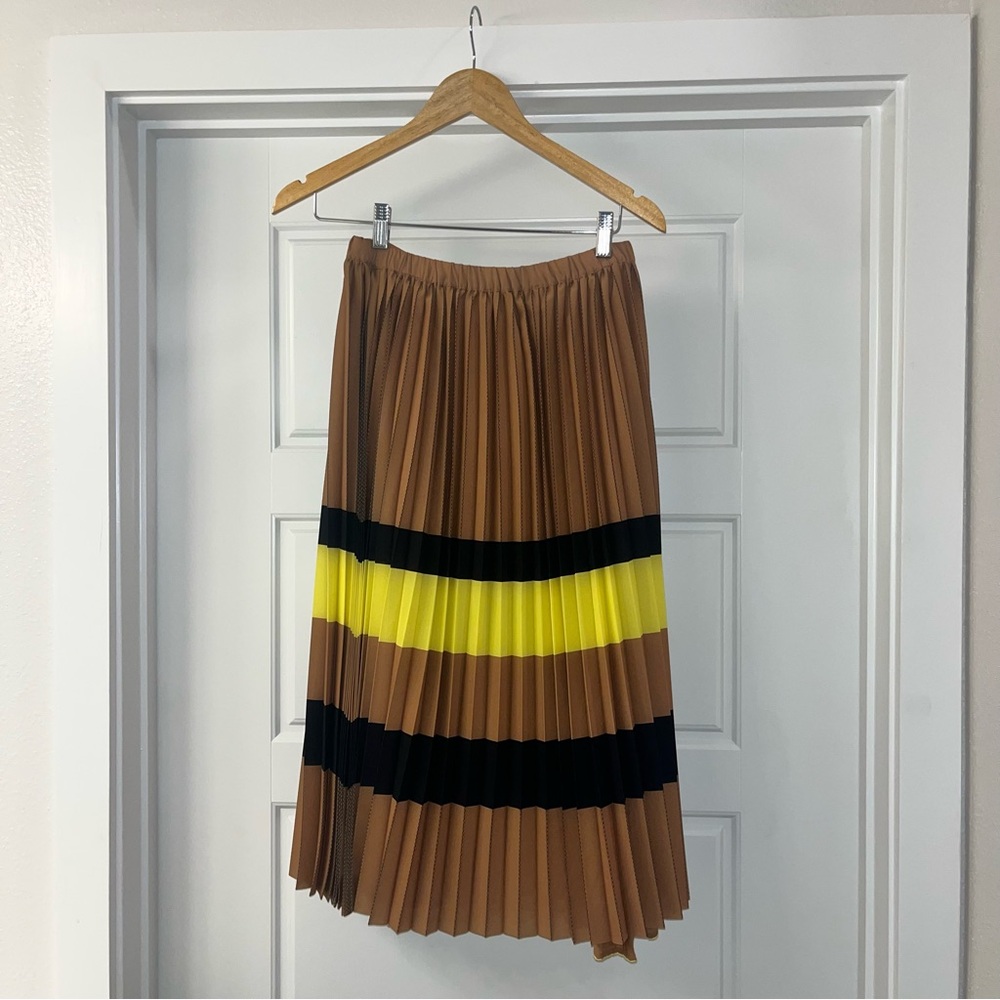 Anthropologie A-Line Midi Skirt Brown and Yellow Pleated